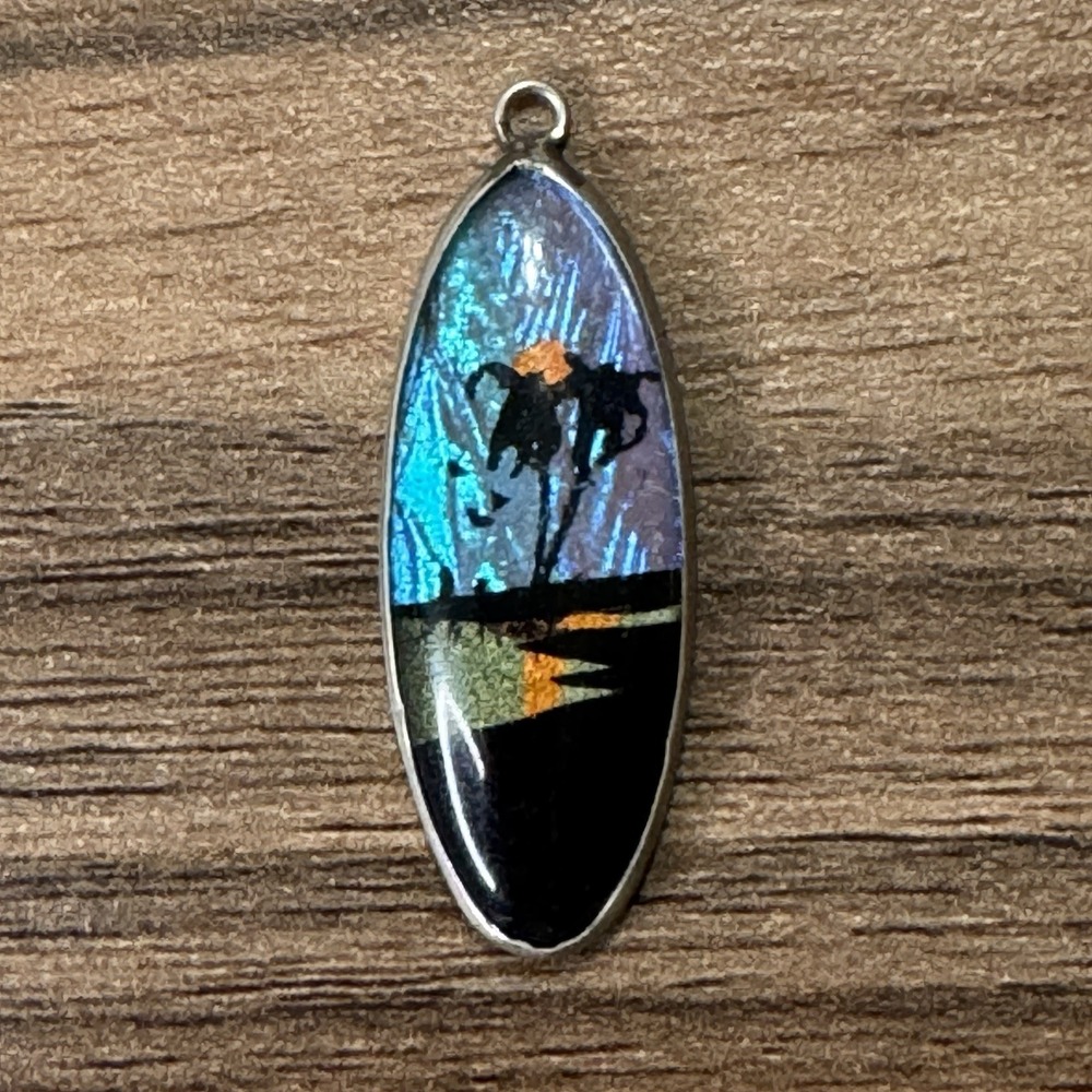 Vintage Blue Morpho Butterfly Wing Pendant With Tropical Palm Tree & Water 1.25"